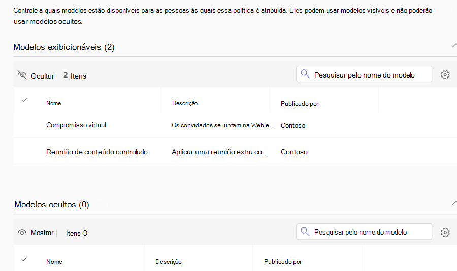 Captura de tela das políticas de modelo de reunião do Teams no centro de administração do Teams.