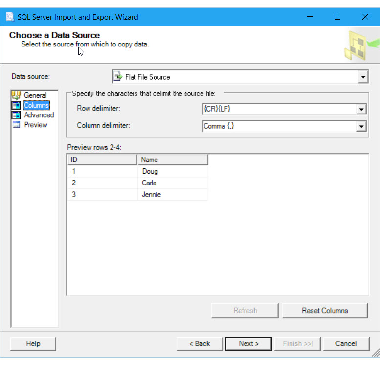 Ficheiro plano, delimitado, página de Colunas