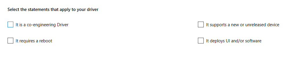 Uma imagem mostrando as instruções que podem se aplicar a um driver em teste: é um driver de coengenharia, requer uma reinicialização, implementa a interface do utilizador e/ou software, é compatível com um dispositivo novo ou ainda por lançar e assim por diante.
