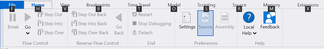 Captura de ecrã do menu Início do WinDbg exibindo letras de teclas rápidas para opções do friso.