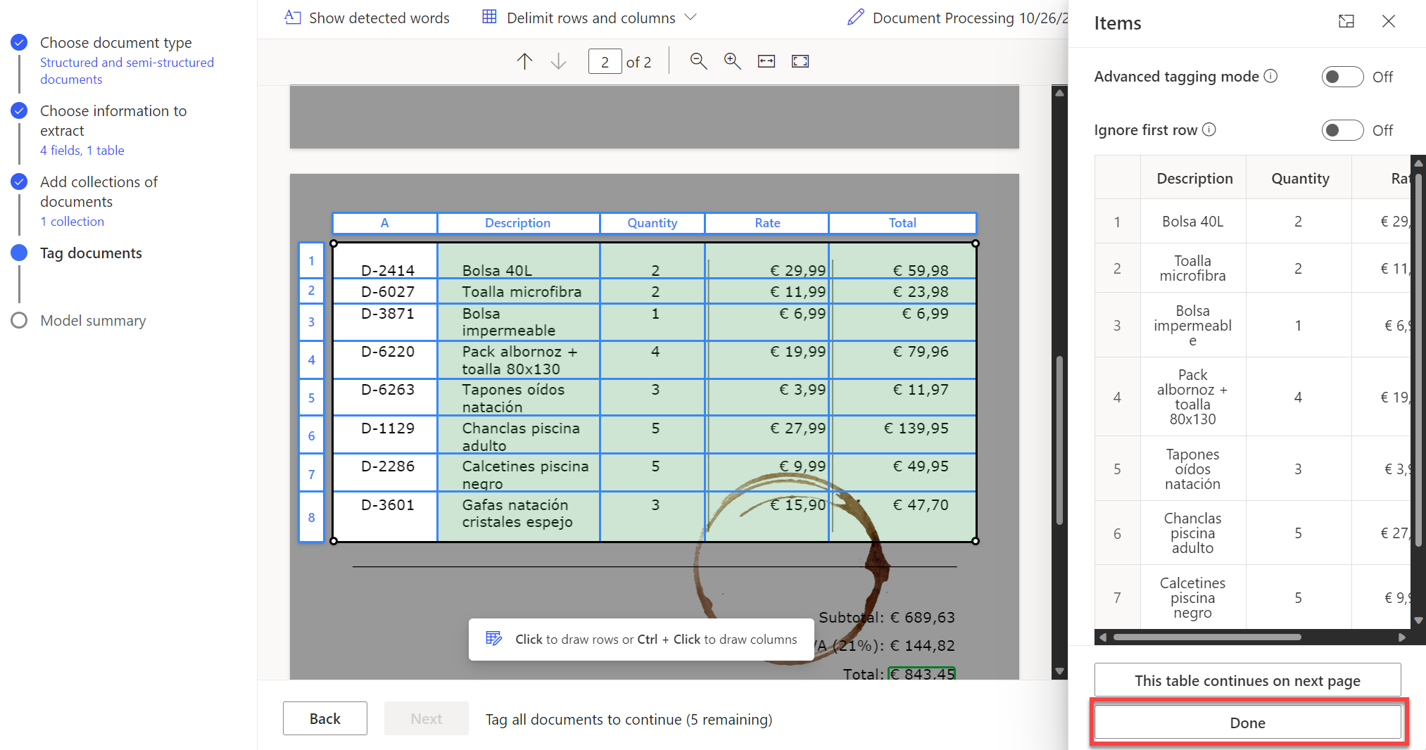 Captura de ecrã que mostra a seleção da opção Concluído assim que a tabela tiver sido etiquetada em todas as páginas.