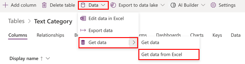 Captura de ecrã que mostra Obter dados do Excel.