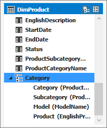 Captura de tela da Categoria DimProduct > mostrando que as colunas são denominadas Modelo e Produto.
