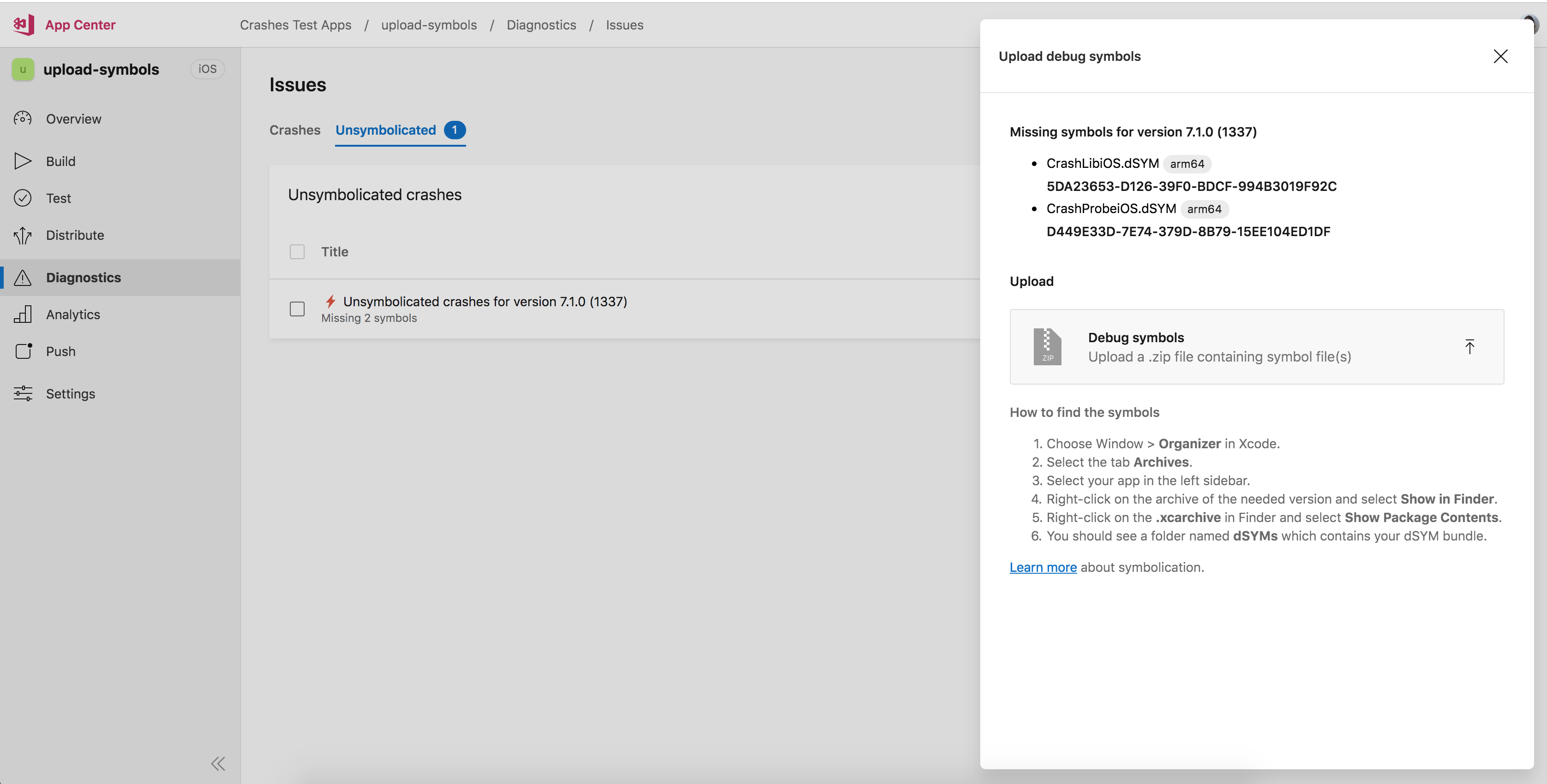 O App Center exibe o UUID dos símbolos necessários