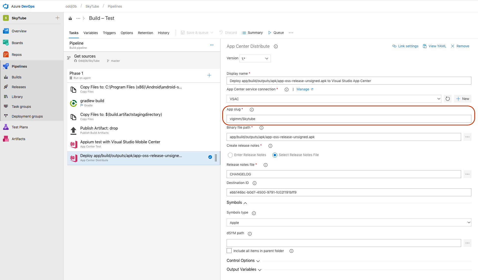 Copie seu aplicativo Slug do App Center