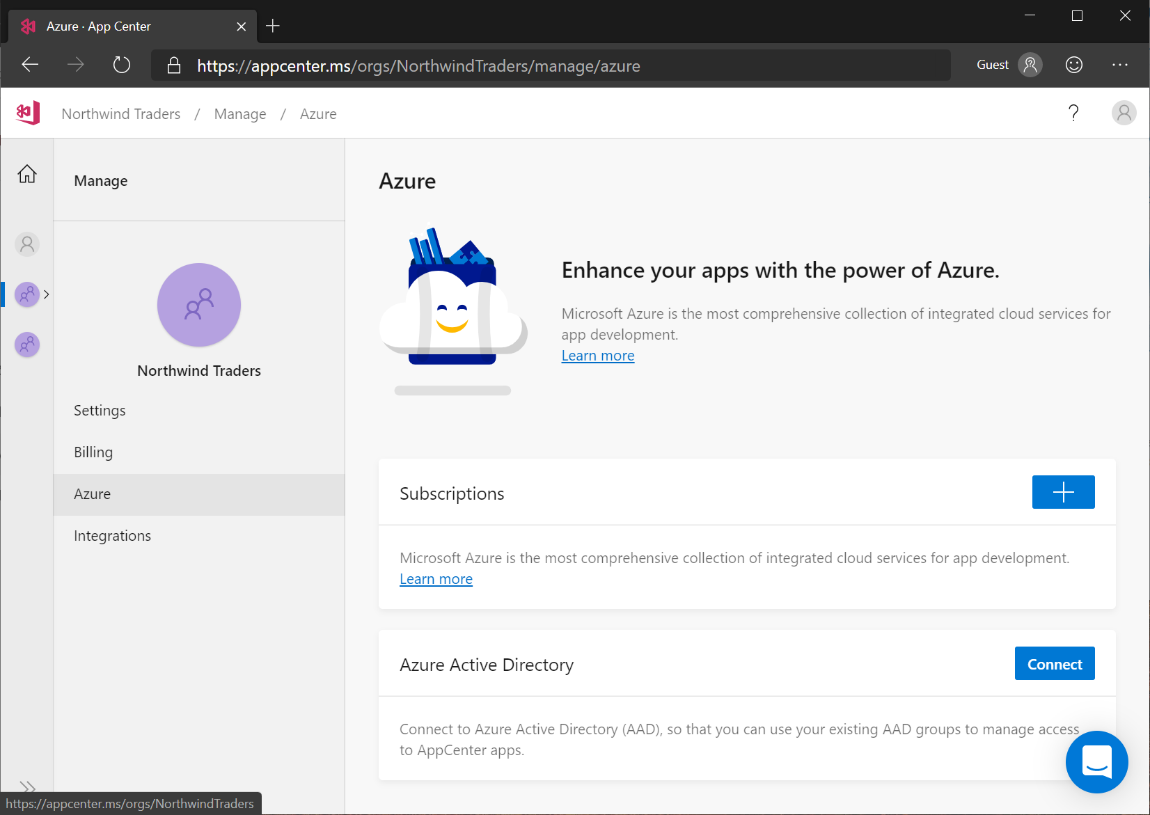 App Center: gerenciar a conexão da sua organização com o Azure