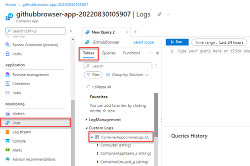 Uma captura de tela mostrando os logs do aplicativo contêiner.