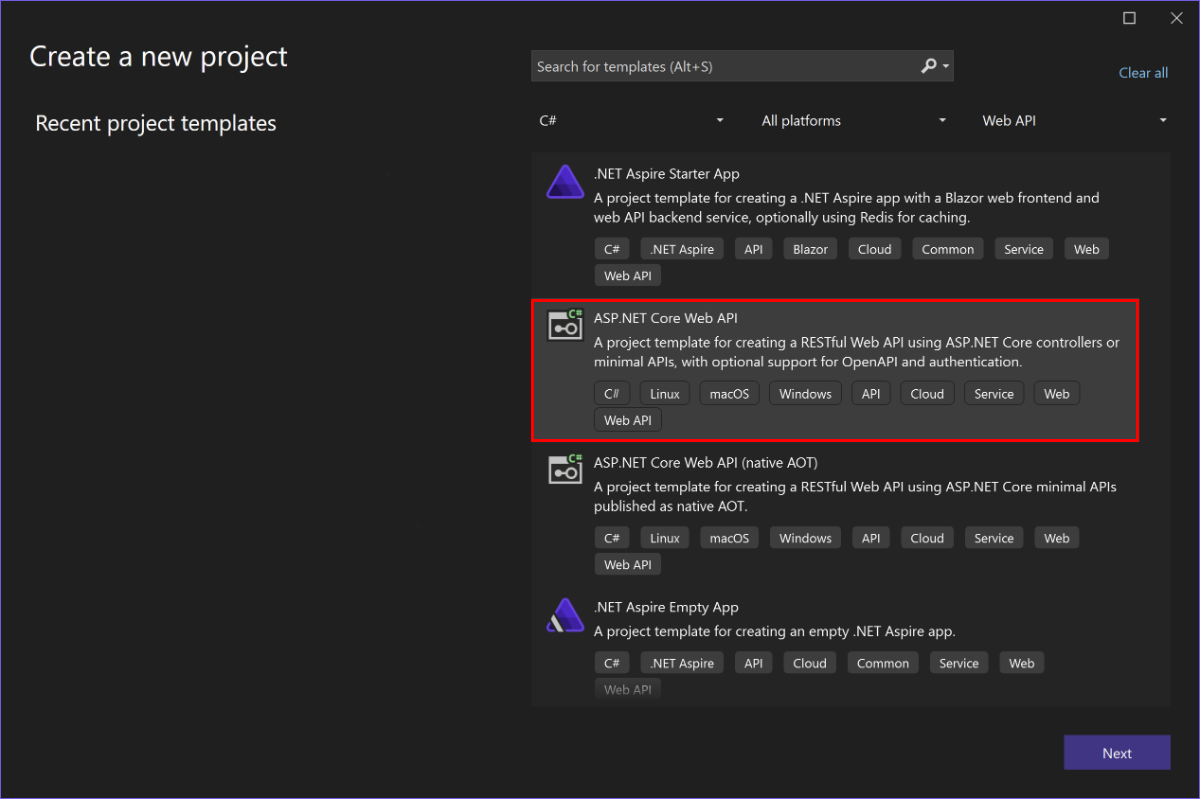 Nova caixa de diálogo Aplicação Web ASP.NET com modelo de projeto selecionado para API Web