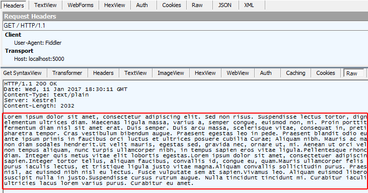 Janela do Fiddler mostrando o resultado de uma solicitação sem o cabeçalho Accept-Encoding. A resposta não está compactada.