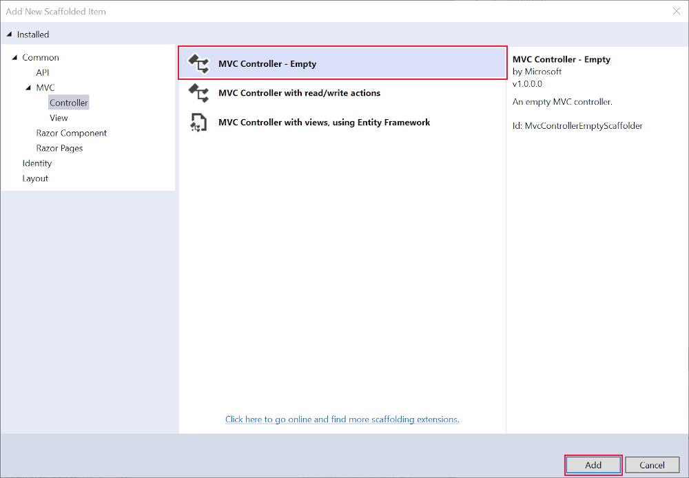 Adicionar controlador MVC