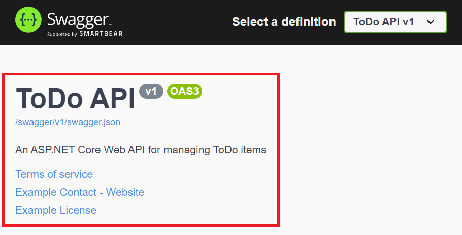 UI do Swagger com informações de versão: descrição, autor e licença.