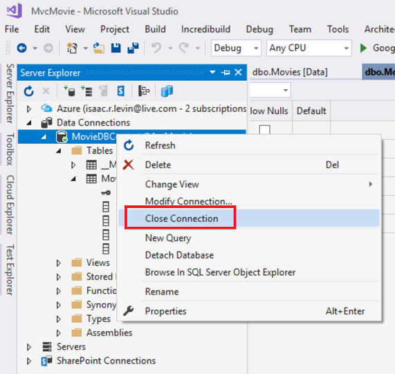 Closeconnection Captura de tela que mostra a janela Explorer servidor. O menu de clique com o botão direito do mouse no Contexto do DB do Filme está aberto. Fechar Conexão é selecionado e circulado em vermelho.