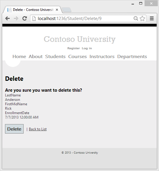 Captura de tela que mostra a página Excluir aluno.