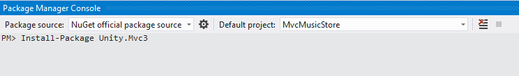 Instalando o pacote NuGet Unity.Mvc3