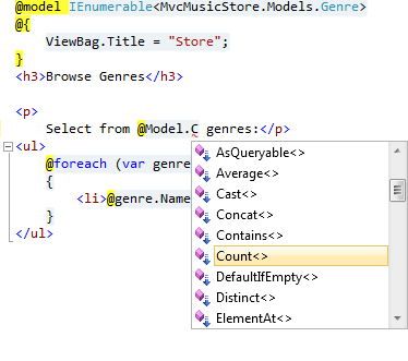 Captura de tela do snippet de código H TML, com uma barra de menus sobre ele, selecionando o comando 'count <>'. 