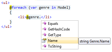 Captura de tela do código 'loop foreach', com uma janela de menu suspensa e a opção 'name' selecionada com 'string Genre dot name' aparecendo ao lado dele.