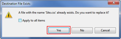 Captura de tela da caixa pop-up de aviso exibida, solicitando que confirme a ação de substituição perguntando se você deseja substituir o arquivo existente.