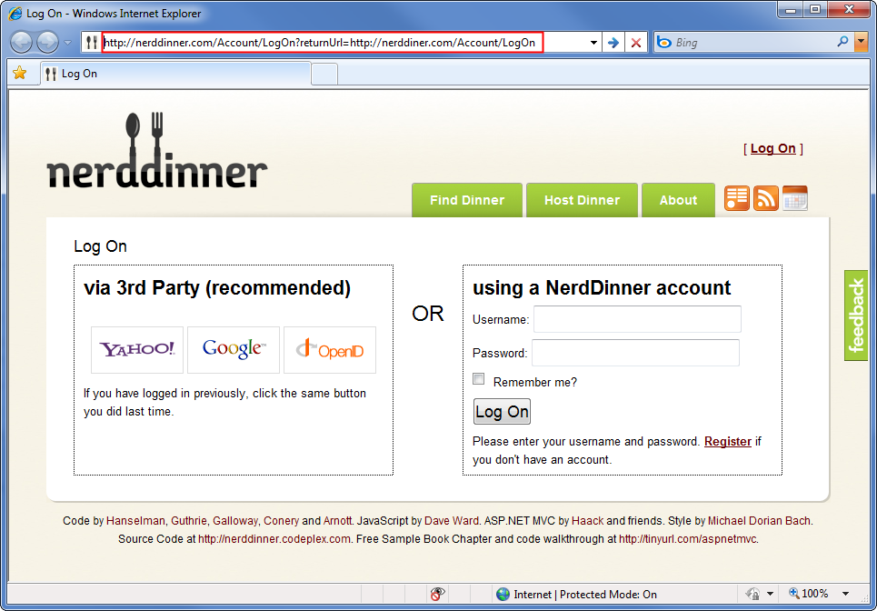 Captura de tela que mostra a home page do Nerd Dinner dot com. A barra de título é realçada e preenchida com a U R L que aponta para Nerd Diner dot com.