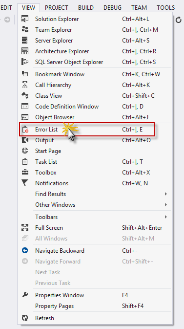 Lista de Erros no menu Exibir Lista de Erros no menu Exibir