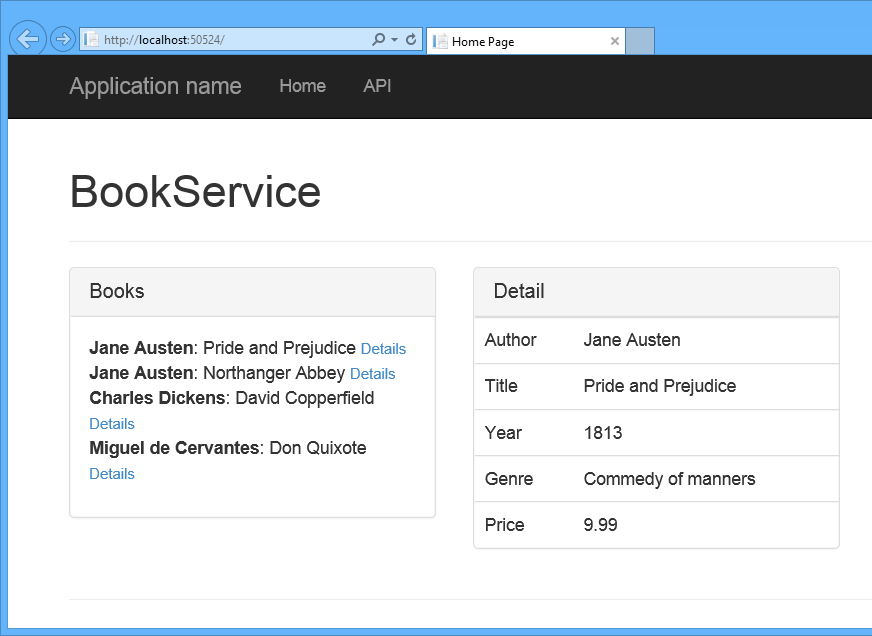 Captura de tela da janela do aplicativo mostrando o painel Livros com uma lista de livros e o painel Detalhes mostrando a lista de detalhes de um livro selecionado.