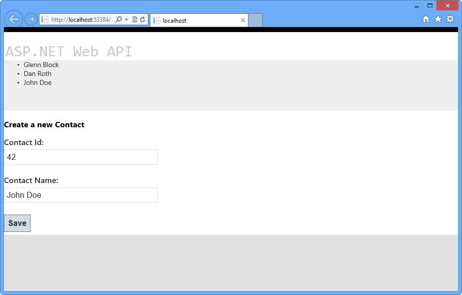 O navegador reflete a criação bem-sucedida da nova instância de contato O navegador reflete a criação bem-sucedida da nova instância de contato