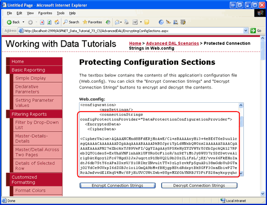 Clicar no botão Criptografar Cadeias de Conexão Criptografa a <seção connectionString>