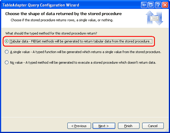 Indique que o procedimento armazenado retorna dados tabulares