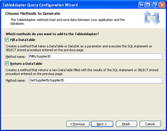 Nomeie os métodos TableAdapter FillBySupplierID e GetSupplierBySupplierID