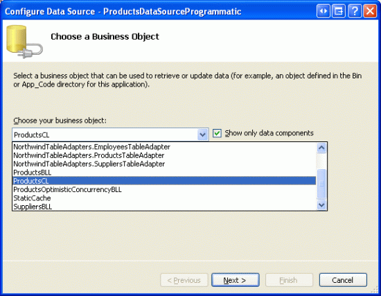 Configurar o ObjectDataSource para usar a classe ProductsCL