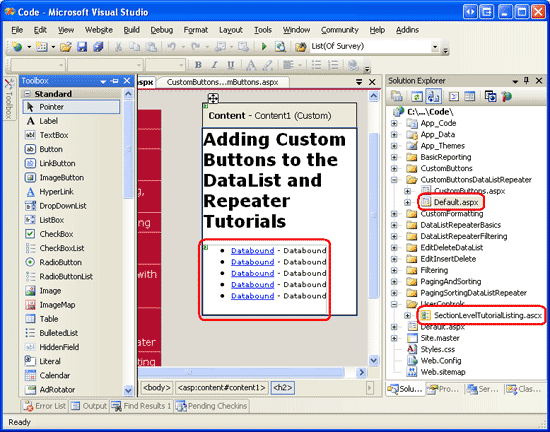 Adicione o controle de usuário SectionLevelTutorialListing.ascx ao Default.aspx