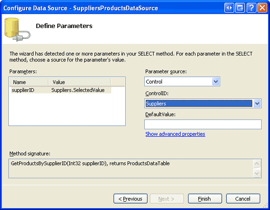 Indique que o parâmetro supplierID deve vir do controle Suppliers FormView