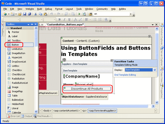 Adicionar um controle Web de botão Descontinuar Todos os Produtos ao ItemTemplate do FormView