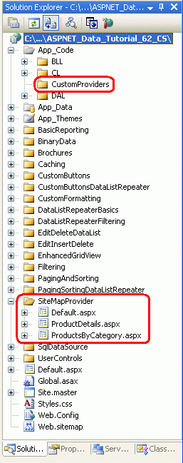 Adicionar as páginas de ASP.NET para os Tutoriais de Provider-Related do Mapa do Site