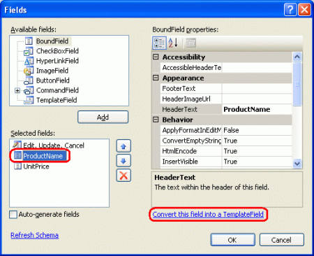 Converter cada um dos Campos Limitados de DetailsView e GridView em TemplateFields