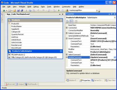 O TableAdapter tem propriedades InsertCommand, UpdateCommand e DeleteCommand