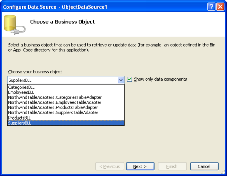 Imagem da Fonte de Dados selecione a Classe SuppliersBLL