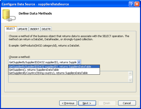 Faça com que ObjectDataSource Invoque o método GetSupplierBySupplierID(supplierID)