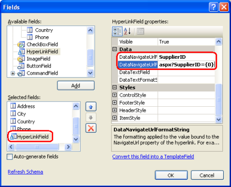 Configurar o HyperLinkField para incluir a URL de link adequada com base na SupplierID