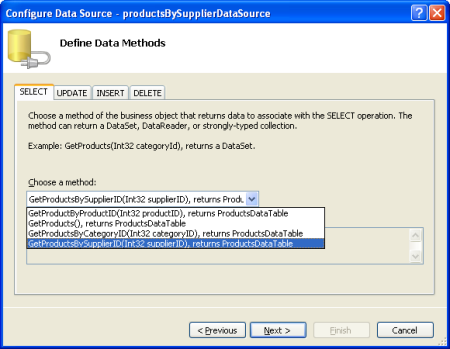 Faça com que ObjectDataSource invoque o método GetProductsBySupplierID(supplierID)