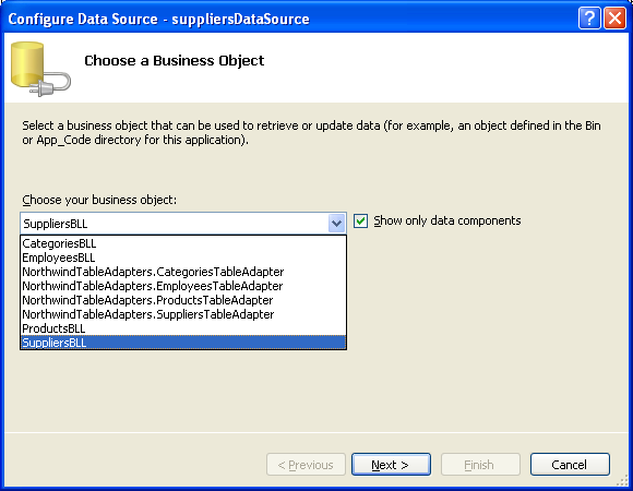 Imagem da Fonte de Dados selecione a Classe SuppliersBLL
