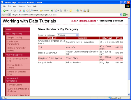 Selecionar um novo produto (produzir) causa automaticamente um PostBack, atualizando o GridView