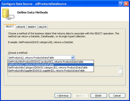 Configurar o ObjectDataSource para invocar o método GetProducts()