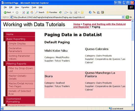 Captura de tela dos Dados de Paginação em uma janela DataList mostrando a segunda página de dados.