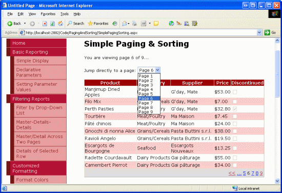 O usuário é levado automaticamente para a sexta página ao selecionar a página 6 Drop-Down item de lista