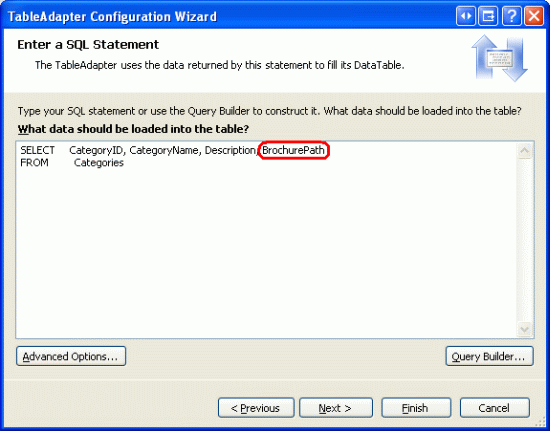 Atualizar a lista de colunas na instrução SELECT para também retornar BrochurePath