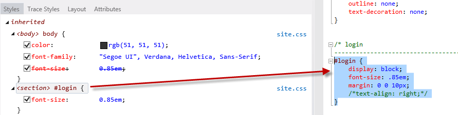Selecionando os estilos CSS Captura de tela da guia Estilos, na barra de navegação, os estilos CSS para login são selecionados com o código correspondente destacado.
