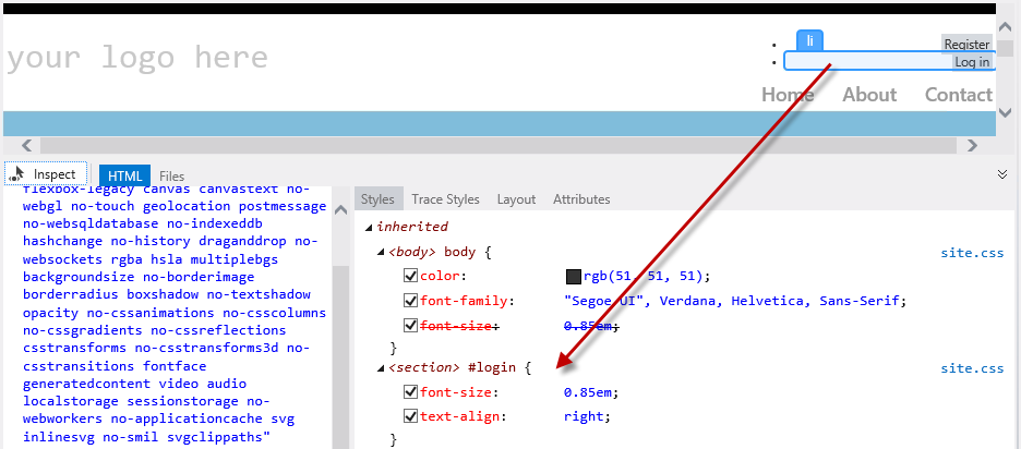 Encontrando o estilo Captura de tela mostrando a janela do Inspetor de Página no modo de inspeção e selecionando os links Registrar e Fazer login para acessar Styles.css código.