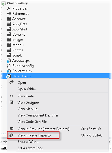 Abrindo Default.aspx com o Inspetor de Página Abrindo Default.aspx com o Inspetor de Página