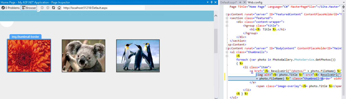 Modo de inspeção em ação Captura de tela da janela Inspetor de Página e do editor do Visual Studio com o tipo de elemento exibido e o código correspondente realçado.