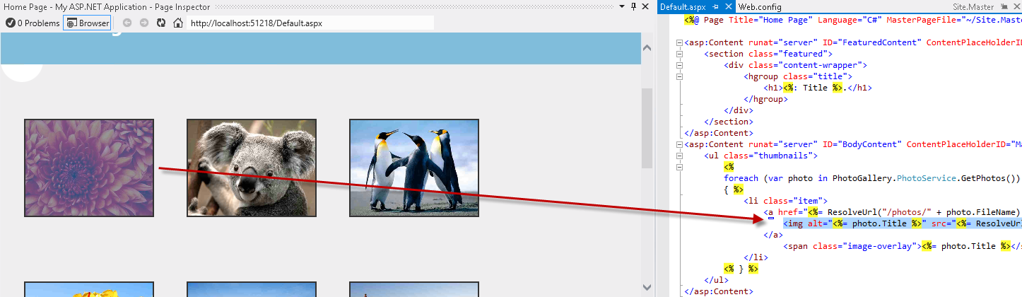 Inspecionando elementos Captura de tela da janela Inspetor de Página e do editor do Visual Studio Default.aspx arquivo mostrando que a parte do código-fonte que gera o elemento selecionado é realçada.